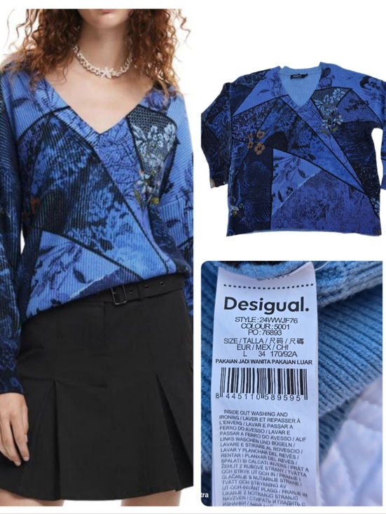 Desigual Sweaters - Desigual Artsy Bohemian Print Patchwork V-Neck Sweater Blue EUC SZ LG